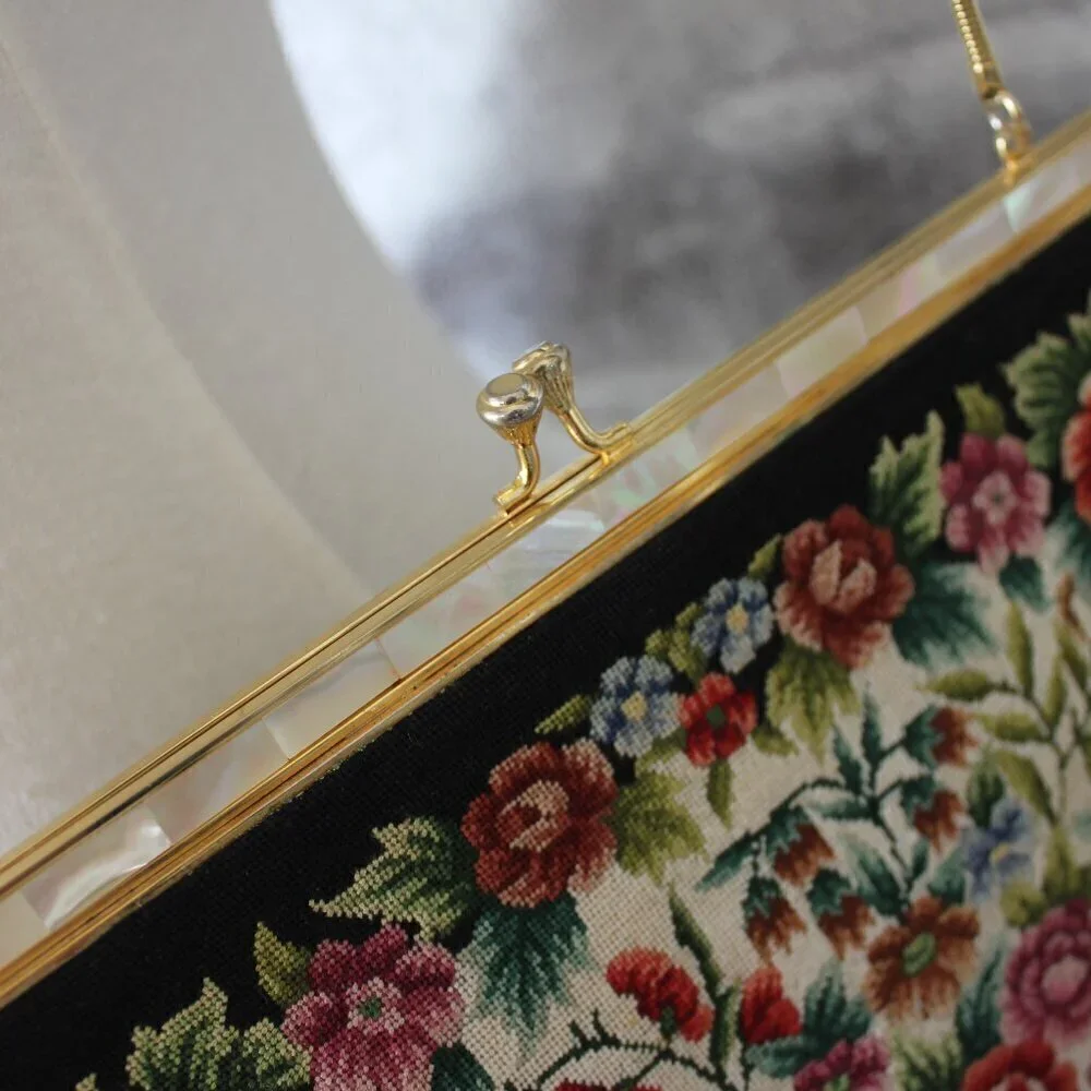 Vintage Style Petite Needlepoint Point Embroidery Handbag Gold Strap Purse